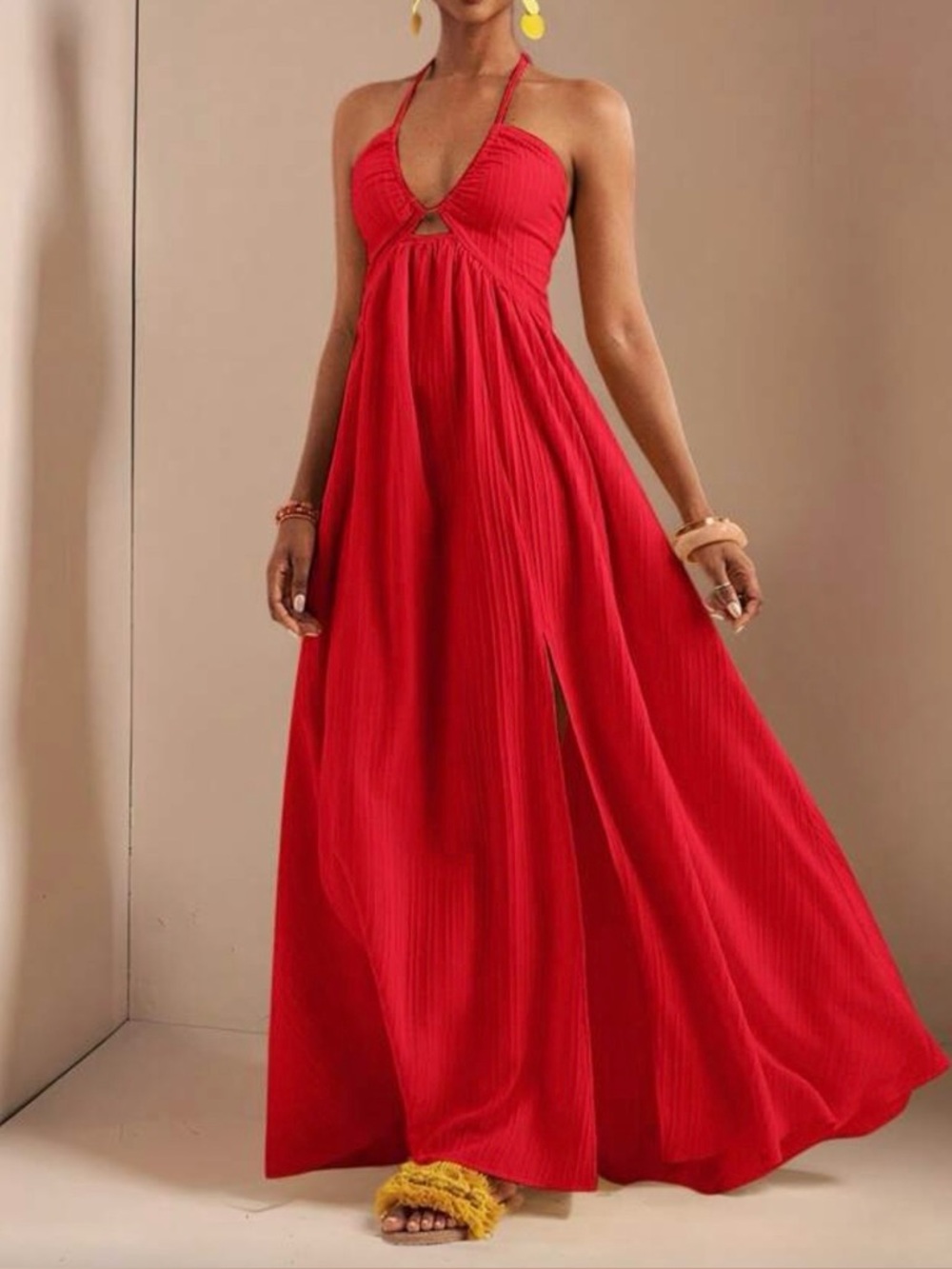 Red Halter Maxi Dress with Keyhole Detail